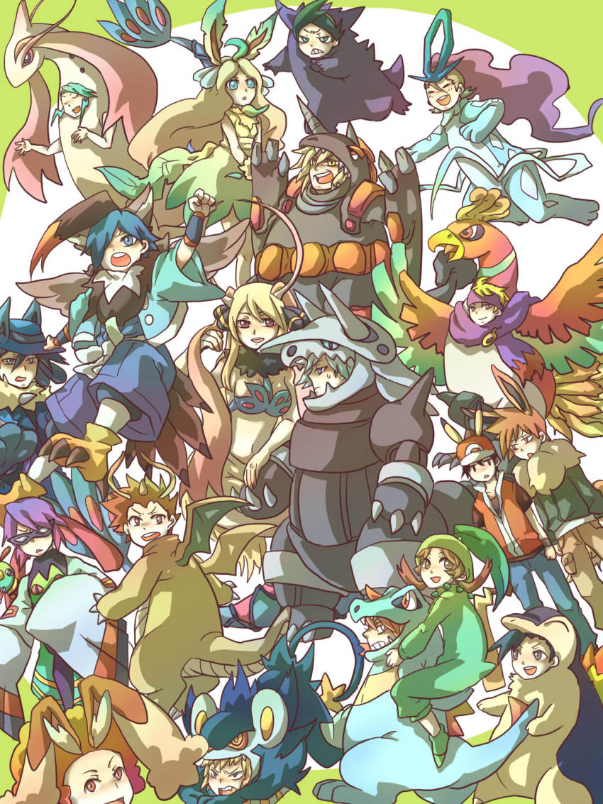 3girls 6+boys aggron aggron_(cosplay) annoyed bikini bikini_top_only blue_oak caitlin_(pokemon) chikorita chikorita_(cosplay) cosplay creatures_(company) cyndaquil cyndaquil_(cosplay) cynthia_(pokemon) darach_(pokemon) dragonite dragonite_(cosplay) eevee eevee_(cosplay) elite_four ethan_(pokemon) eusine_(pokemon) everyone falkner_(pokemon) flint_(pokemon) frontier_brain game_freak gen_1_pokemon gen_2_pokemon gen_3_pokemon gen_4_pokemon gengar gengar_(cosplay) gline gym_leader highres ho-oh ho-oh_(cosplay) lance_(pokemon) leafeon leafeon_(cosplay) legendary_pokemon lopunny lopunny_(cosplay) lucario lucario_(cosplay) luxray luxray_(cosplay) lyra_(pokemon) milotic milotic_(cosplay) morty_(pokemon) multiple_boys multiple_girls natu nejiki_(pokemnon) nintendo palmer_(pokemon) pikachu pikachu_(cosplay) pokemon pokemon_dppt pokemon_gsc pokemon_hgss pokemon_platinum red_(pokemon) rhyperior rhyperior_(cosplay) riley_(pokemon) saburou_(carocu) silver_(pokemon) staraptor staraptor_(cosplay) starter_pokemon_trio steven_stone suicune suicune_(cosplay) swimsuit thorton_(pokemon) totodile totodile_(cosplay) volkner_(pokemon) wallace_(pokemon) will_(pokemon) xatu xatu_(cosplay)