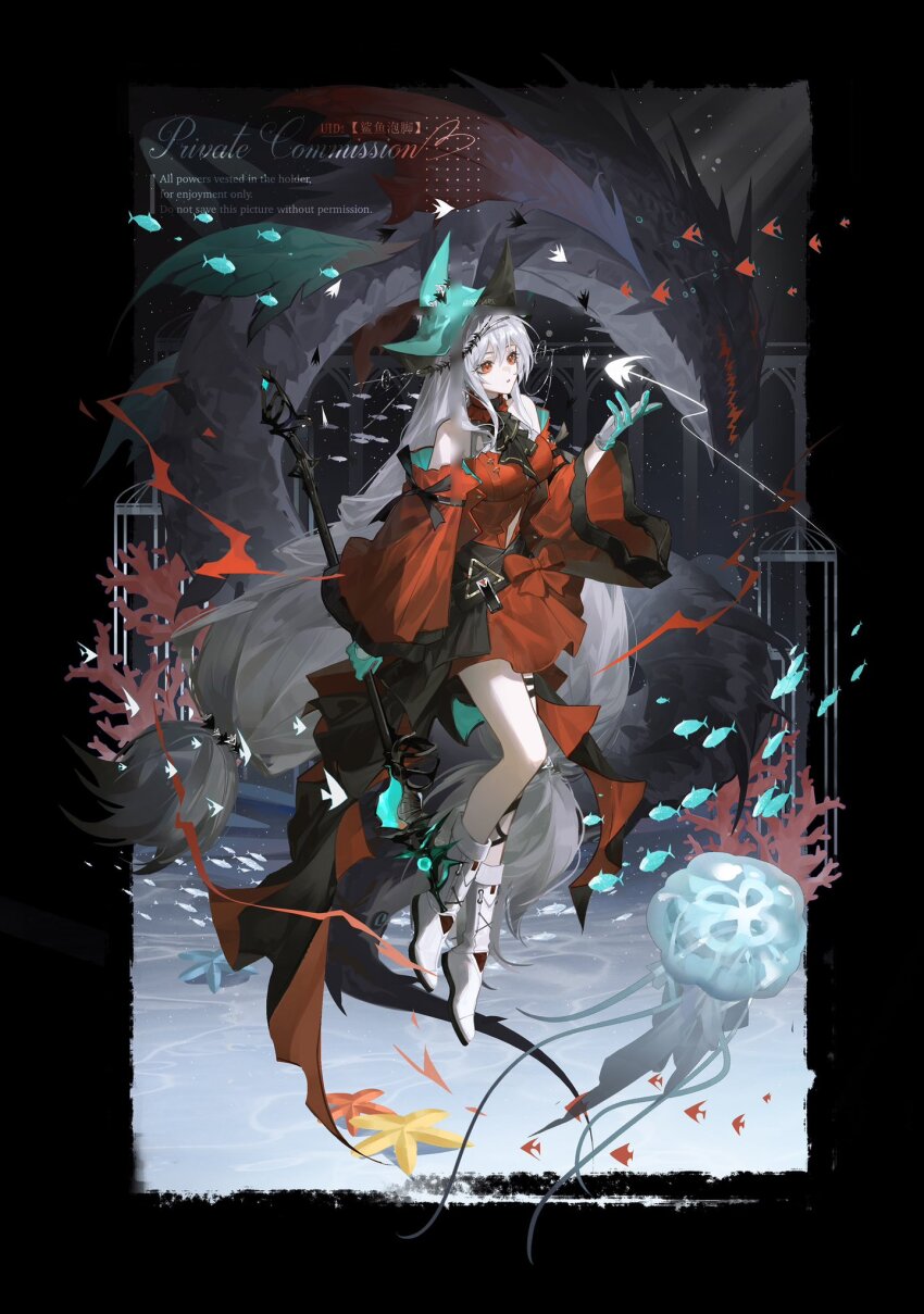 1girl aqua_gloves aqua_headwear arknights ascot bare_shoulders black_ascot black_ribbon boots border breasts character_name clothing_cutout detached_sleeves dress fish full_body gloves grey_hair hand_up hat highres holding holding_staff leg_ribbon long_hair long_sleeves looking_at_viewer low-tied_long_hair medium_breasts navel_cutout official_alternate_costume open_mouth red_dress red_eyes ribbon shayu_pao_jiao short_dress skadi_(arknights) solo staff very_long_hair white_boots white_footwear white_hair wide_sleeves