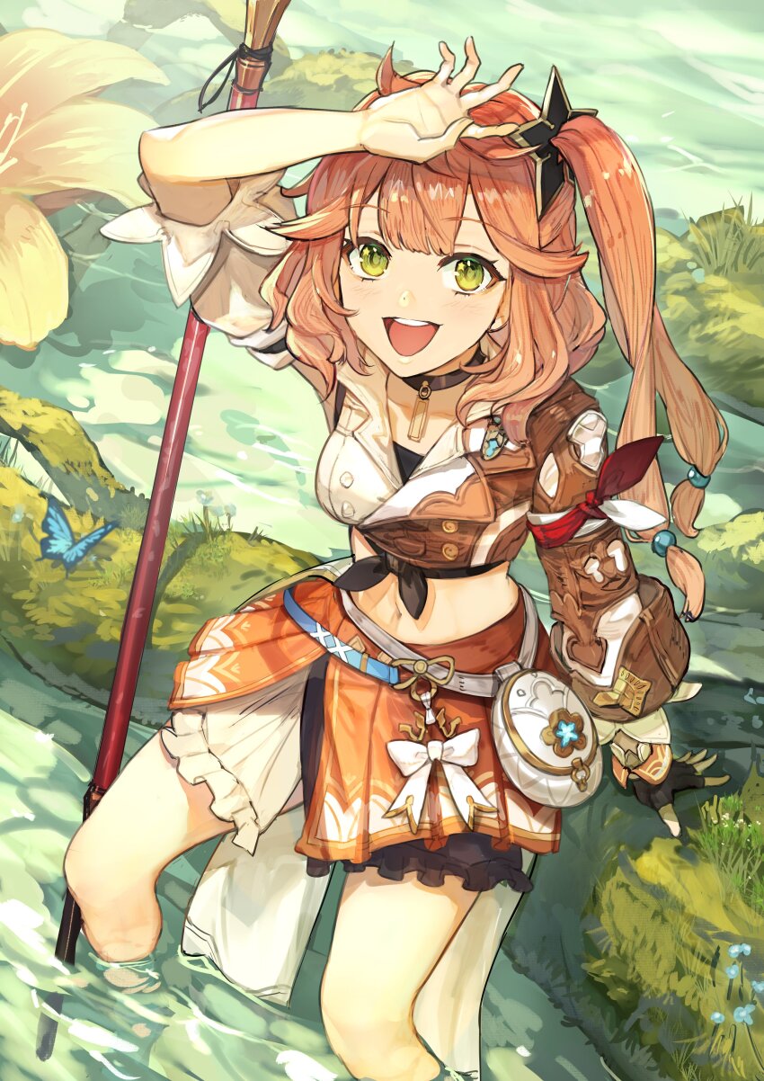 1girl :d absurdres atelier_(series) atelier_yumia black_shirt blue_butterfly blush breasts brown_hair bug butterfly clothing_cutout commentary_request crop_top fingerless_gloves foot_bath gloves green_eyes hide_(hideout) highres insect isla_von_duerer jacket layered_skirt log navel navel_cutout official_art open_mouth river shirt side_ponytail single_glove sitting skirt small_breasts smile staff tied_shirt water