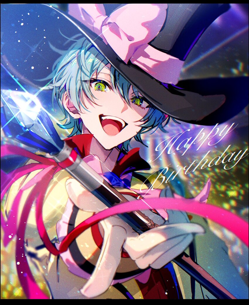 :d audience blue_hair bow commentary_request foreshortening green_eyes hair_between_eyes hand_up happy_birthday hat hat_bow highres holding holding_scepter jacket king_of_prism light_particles long_sleeves looking_at_viewer male_focus open_mouth pink_bow pretty_rhythm pretty_series scepter short_hair smile solo sparkle takadanobaba_jouji tawan_(46okuneeen) top_hat upper_body yellow_jacket