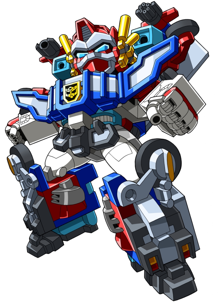 autobot beni_(nikaidera) blue_eyes chibi clenched_hands head_tilt highres insignia looking_up mecha omega_prime robot shoulder_cannon solo super_robot transformers transformers_car_robots white_background