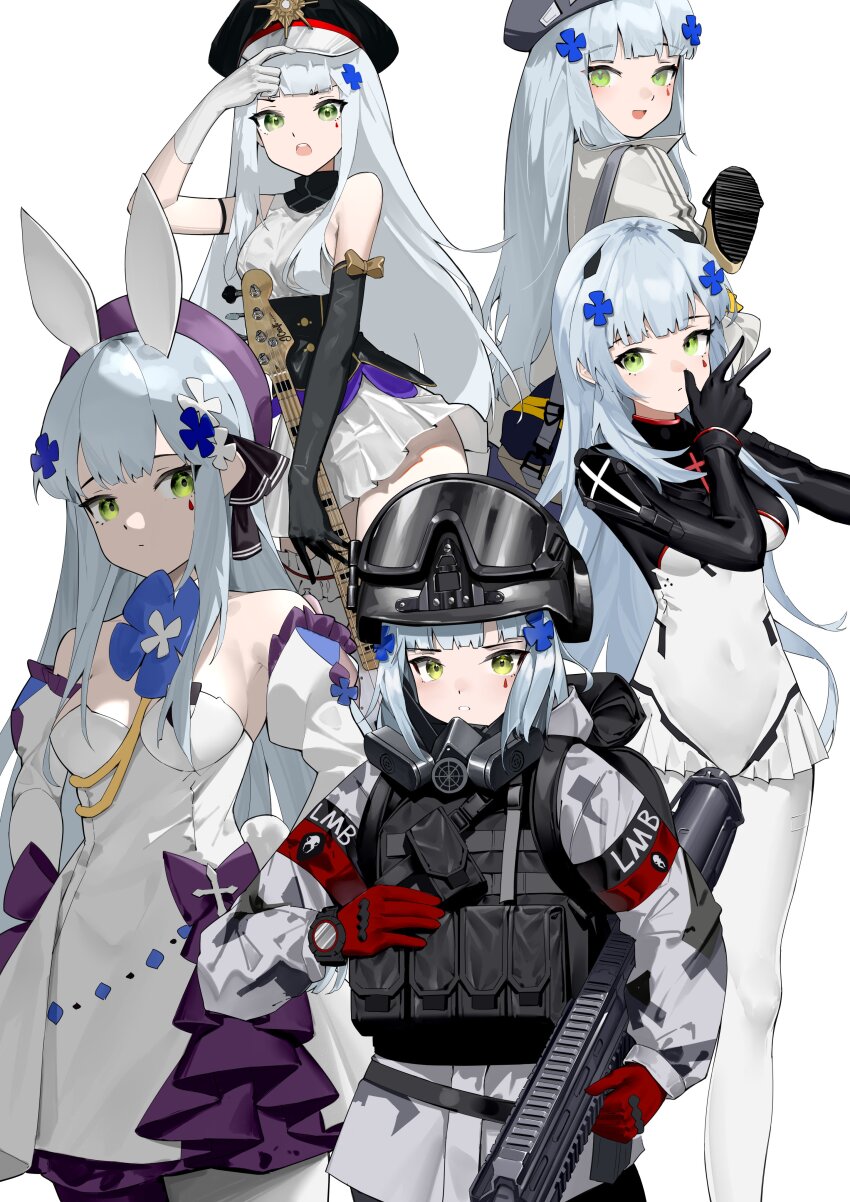 5girls absurdres animal_ears asymmetrical_gloves black_bodysuit black_gloves black_vest blue_hair bodysuit breasts bulletproof_vest camouflage camouflage_jacket closed_mouth clukay_(aflame_accent)_(neural_cloud) clukay_(neural_cloud) covered_navel cross_hair_ornament dress elbow_gloves girls&#039;_frontline girls&#039;_frontline_neural_cloud gloves goggles goggles_on_headwear green_eyes guitar gun hair_ornament hat helmet highres hk416_(fang)_(girls&#039;_frontline) hk416_(girls&#039;_frontline) hk416_(herbal-flavored_hard_candy)_(girls&#039;_frontline) hk416_(midnight_evangelion)_(girls&#039;_frontline) holding holding_gun holding_weapon instrument jacket last_man_battalion long_hair looking_at_viewer military_combat_uniform military_uniform mismatched_gloves multiple_girls multiple_persona official_alternate_costume open_mouth parted_lips peaked_cap pouch purple_dress rabbit_ears red_gloves rspvo_neva simple_background tattoo teardrop_facial_mark teardrop_tattoo tom_clancy&#039;s_the_division two-tone_bodysuit two-tone_dress uneven_gloves vest weapon white_background white_bodysuit white_dress white_gloves