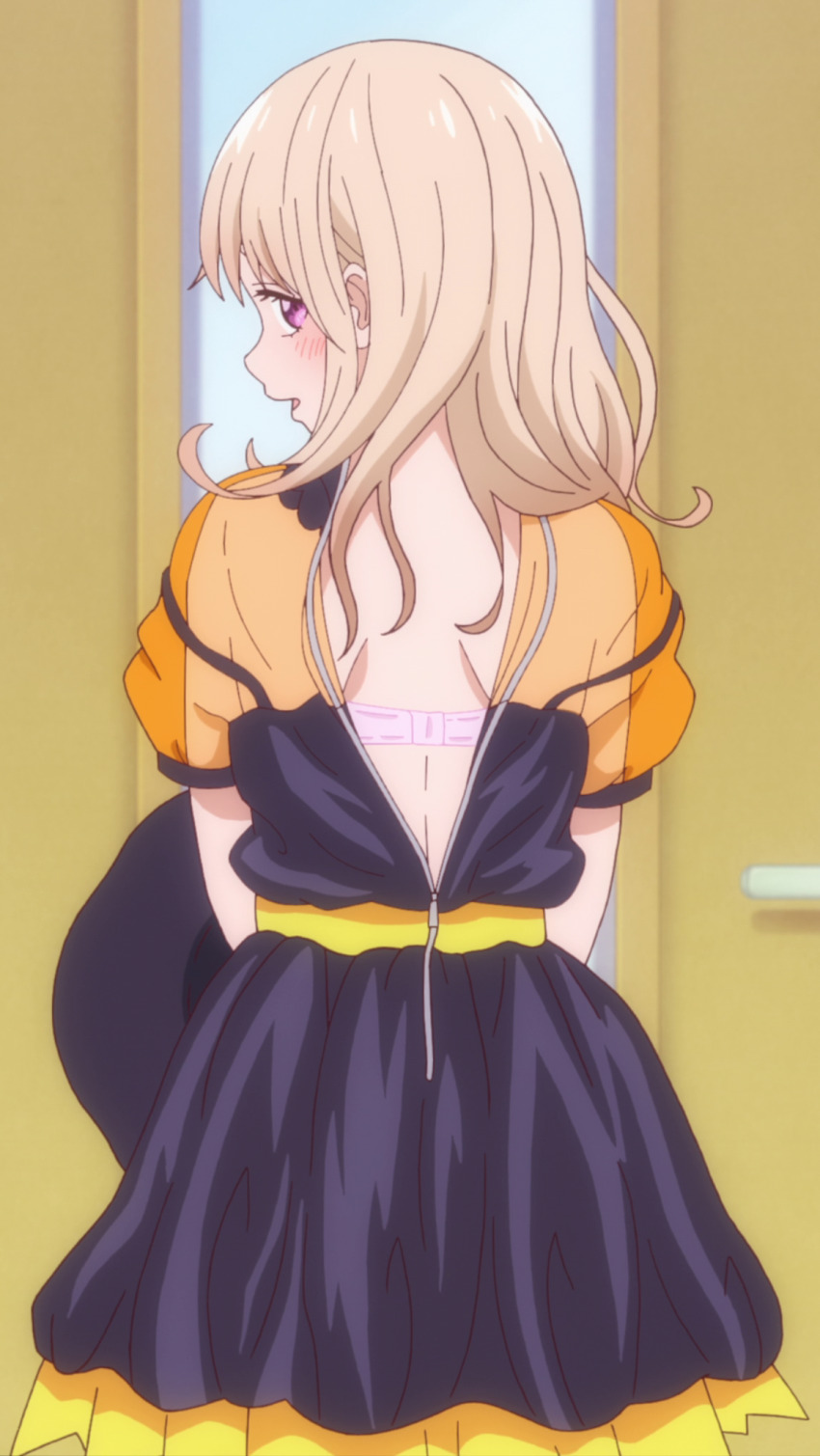 anime_screenshot blonde_hair blush bra hat highres kawai_mona kuroiwa_medaka_ni_watashi_no_kawaii_ga_tsuujinai looking_back open_mouth pink_bra purple_eyes shoulder_blades skirt stitched third-party_edit underwear unzipped witch witch_hat