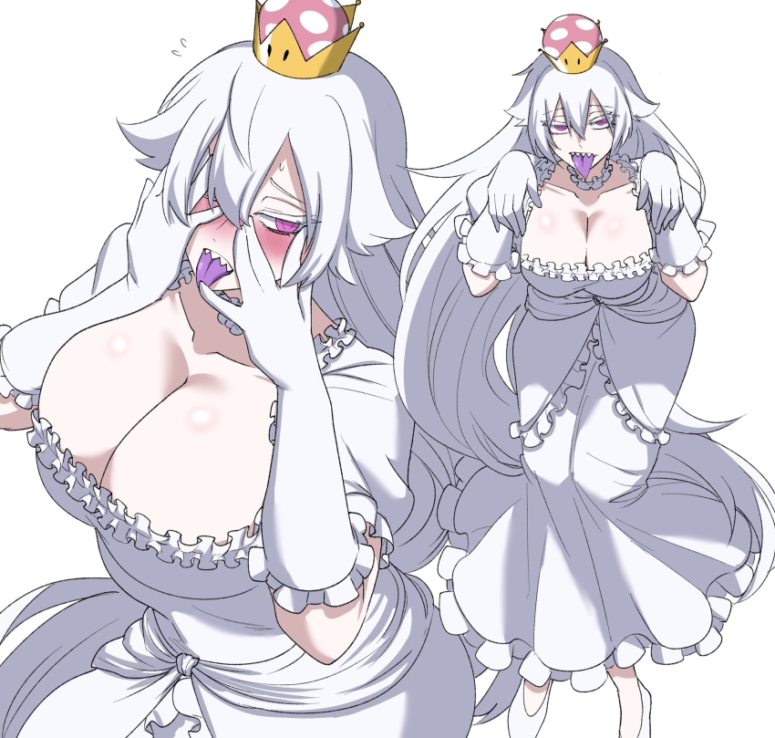 1girl blush breasts cleavage collar collar_jewel collarbone colored_tongue crown detached_sleeves dress frilled_collar frilled_dress frilled_gloves frilled_sleeves frills genderswap genderswap_(mtf) ghost_pose gloves hair_between_eyes highres large_breasts long_hair looking_at_viewer mario_(series) nasu_(ilo_a5) nintendo open_mouth princess_king_boo puffy_short_sleeves puffy_sleeves purple_tongue sharp_teeth short_sleeves sidelocks simple_background solo super_crown teeth very_long_hair waist_jewel white_background white_collar white_dress white_gloves white_hair