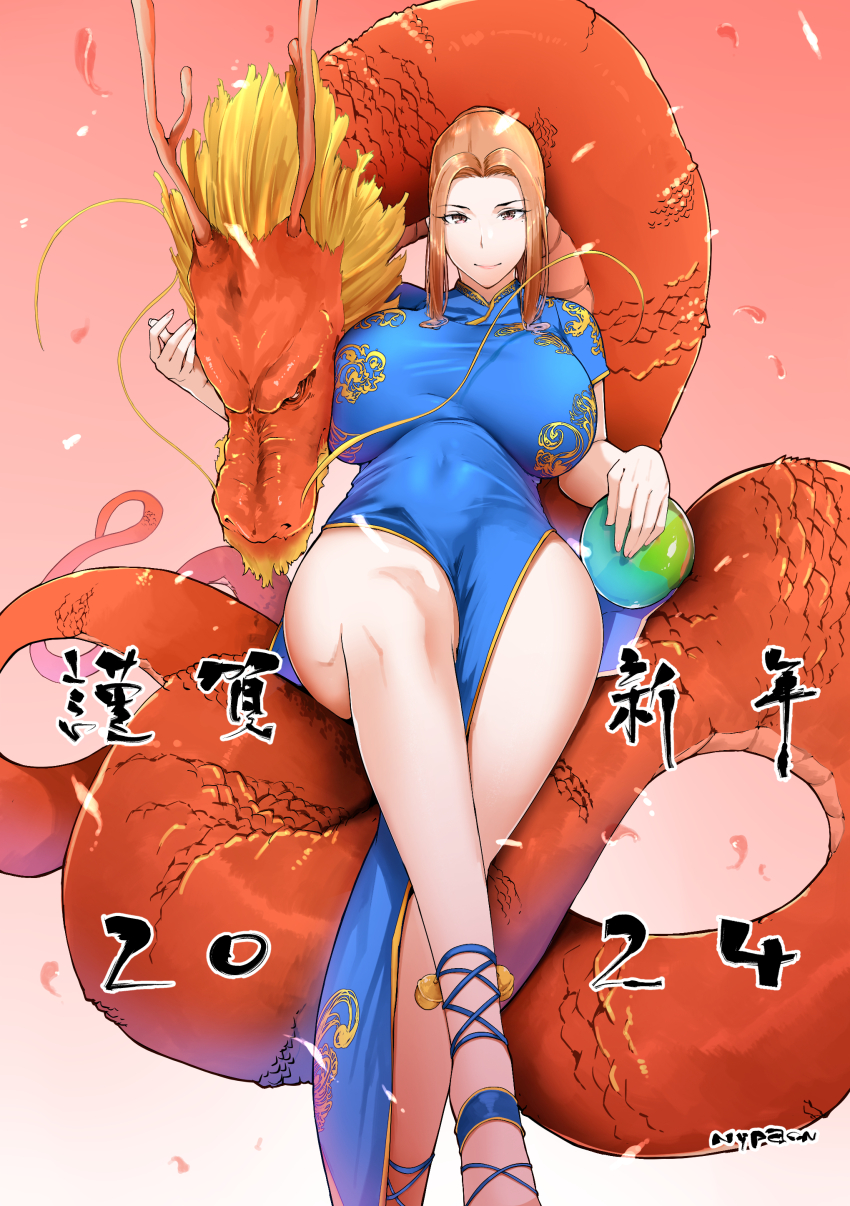 1girl 2024 absurdres breasts brown_hair china_dress chinese_clothes dragon dress eastern_dragon highres large_breasts new_year nypaon parted_bangs pelvic_curtain red_scales satono_diamond_(chevalier_bleu)_(umamusume) satono_diamond_(umamusume) side_slit sitting tachibana-san-chi_no_dansei_jijou tachibana_kyouka_(jin)