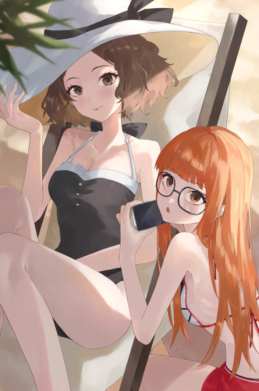 2girls arm_up bare_shoulders beach_chair bikini bikini_shorts black-framed_eyewear black_one-piece_swimsuit black_ribbon blunt_bangs breasts brown_eyes brown_hair casual_one-piece_swimsuit cleavage closed_mouth collarbone glasses halterneck hand_on_own_hat hat highres holding holding_phone konchi_(63438789) long_hair looking_at_viewer medium_hair multiple_girls official_alternate_costume okumura_haru one-piece_swimsuit open_mouth orange_eyes orange_hair parted_bangs persona persona_5 persona_5_scramble:_the_phantom_strikers phone red_shorts ribbon sakura_futaba shaded_face short_shorts shorts sideboob sitting small_breasts smile straight_hair sun_hat swimsuit thighs very_long_hair white_bikini white_hat