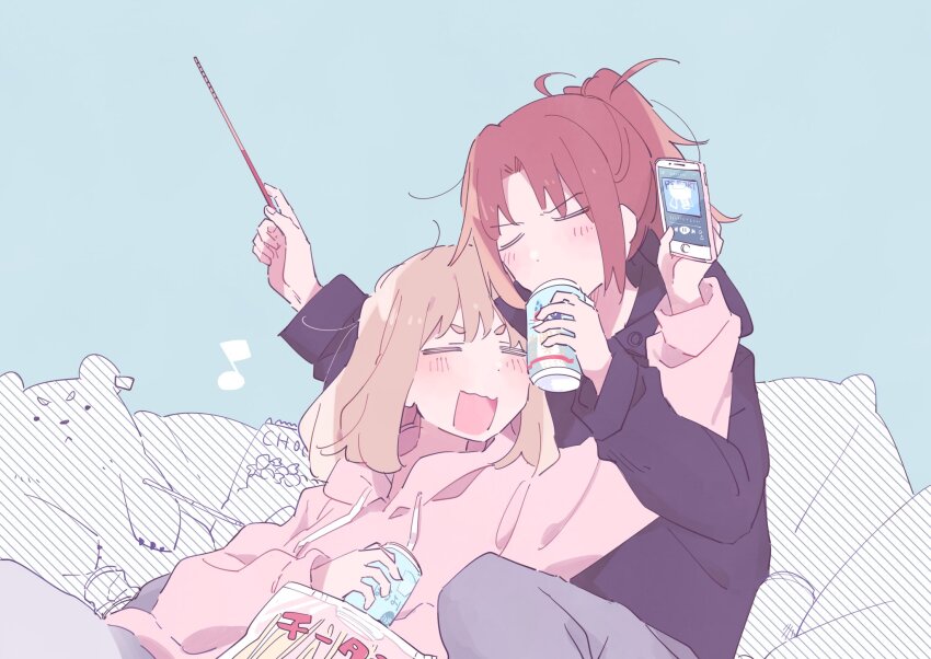 2girls black_hoodie blonde_hair blue_background blush brown_hair can cellphone cetacea_kw closed_eyes conductor_baton drink_can hibike!_euphonium highres hood hoodie leaning_on_person listening_to_music multiple_girls musical_note nakagawa_natsuki open_mouth phone pillow pink_hoodie ponytail simple_background smartphone snack stuffed_animal stuffed_toy teddy_bear yoshikawa_yuuko yuri