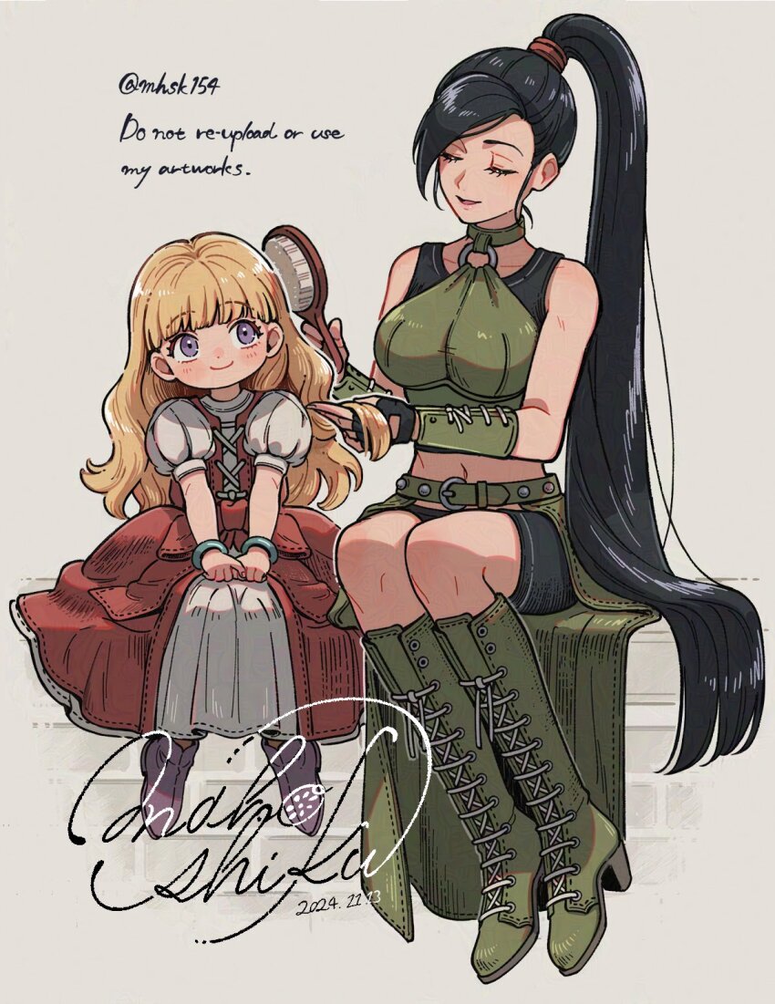 2024 2girls black_gloves black_hair black_shorts blonde_hair blunt_bangs boots brick brushing_another&#039;s_hair brushing_hair closed_eyes commentary_request dated dragon_quest dragon_quest_xi dress english_text fingerless_gloves gloves green_footwear grey_background hair_down high_heel_boots high_heels high_ponytail highres holding holding_brush long_hair looking_at_another martina_(dq11) mhsk154 multiple_girls navel o-ring o-ring_top open_mouth ponytail puffy_short_sleeves puffy_sleeves purple_eyes purple_footwear red_dress short_sleeves shorts sitting smile twitter_username veronica_(dq11) very_long_hair
