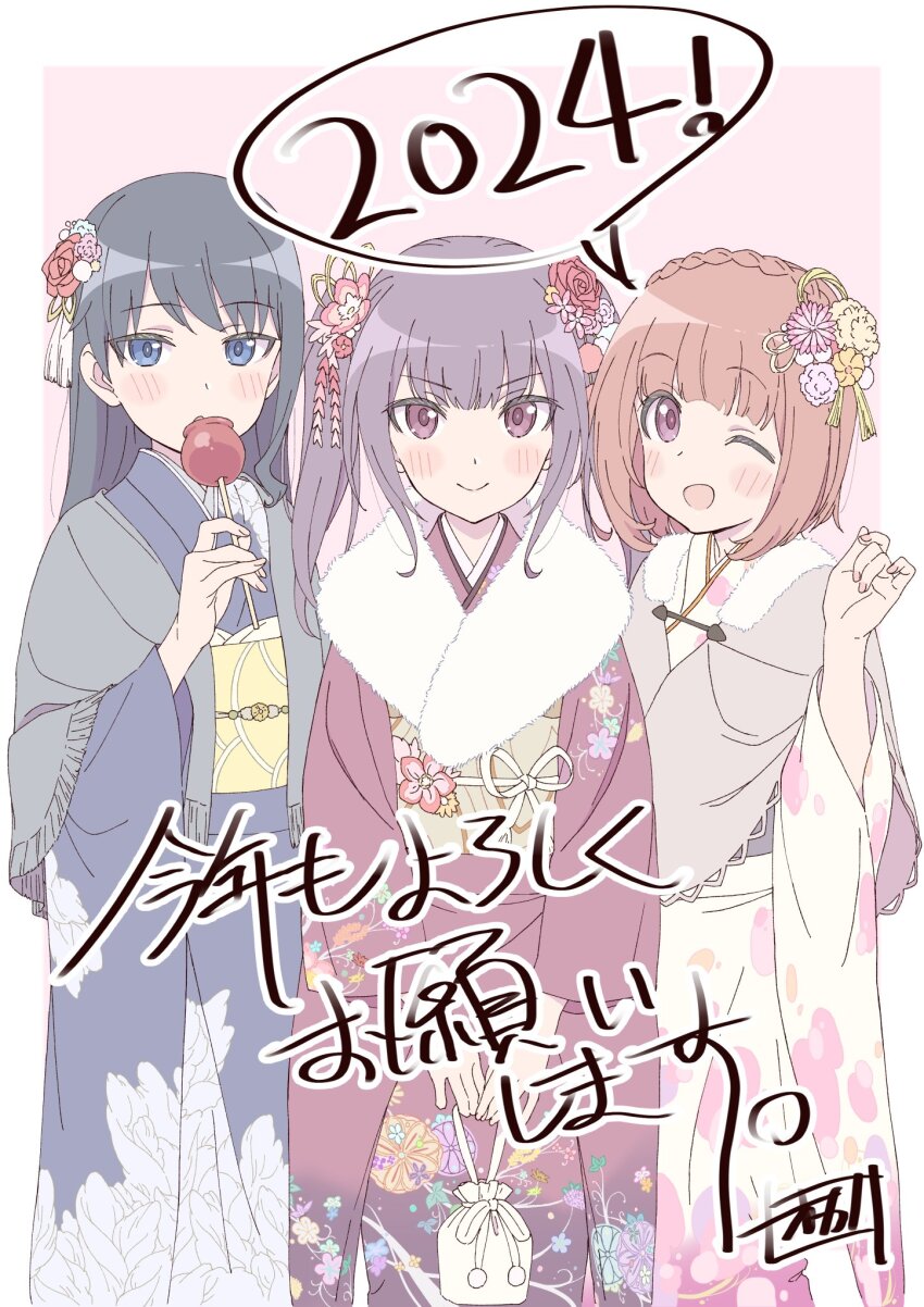 3girls aikawa_aika alice_gear_aegis blue_eyes blue_hair highres ichijou_ayaka koashi_mutsumi long_hair multiple_girls okano_rikiya pink_eyes pink_hair purple_eyes purple_hair short_hair twintails