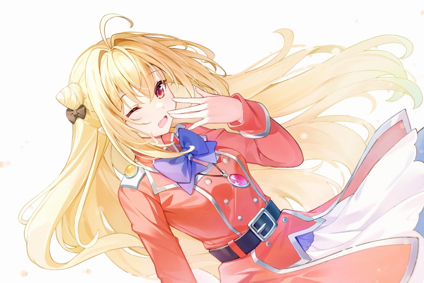 1girl \||/ absurdres ahoge aimh belt black_belt black_bow blonde_hair blue_bow blue_bowtie blush bow bowtie chinese_commentary commentary_request cone_hair_bun cowboy_shot dutch_angle eyelashes fang floating_hair hair_between_eyes hair_bow hair_bun hair_intakes half_updo hand_up highres hikikomari_kyuuketsuki_no_monmon huge_bow jacket long_hair long_sleeves one_eye_closed open_mouth pointy_ears red_eyes red_jacket red_skirt sidelocks simple_background single_side_bun skirt slit_pupils solo tears terakomari_gandezblood very_long_hair white_background yawning