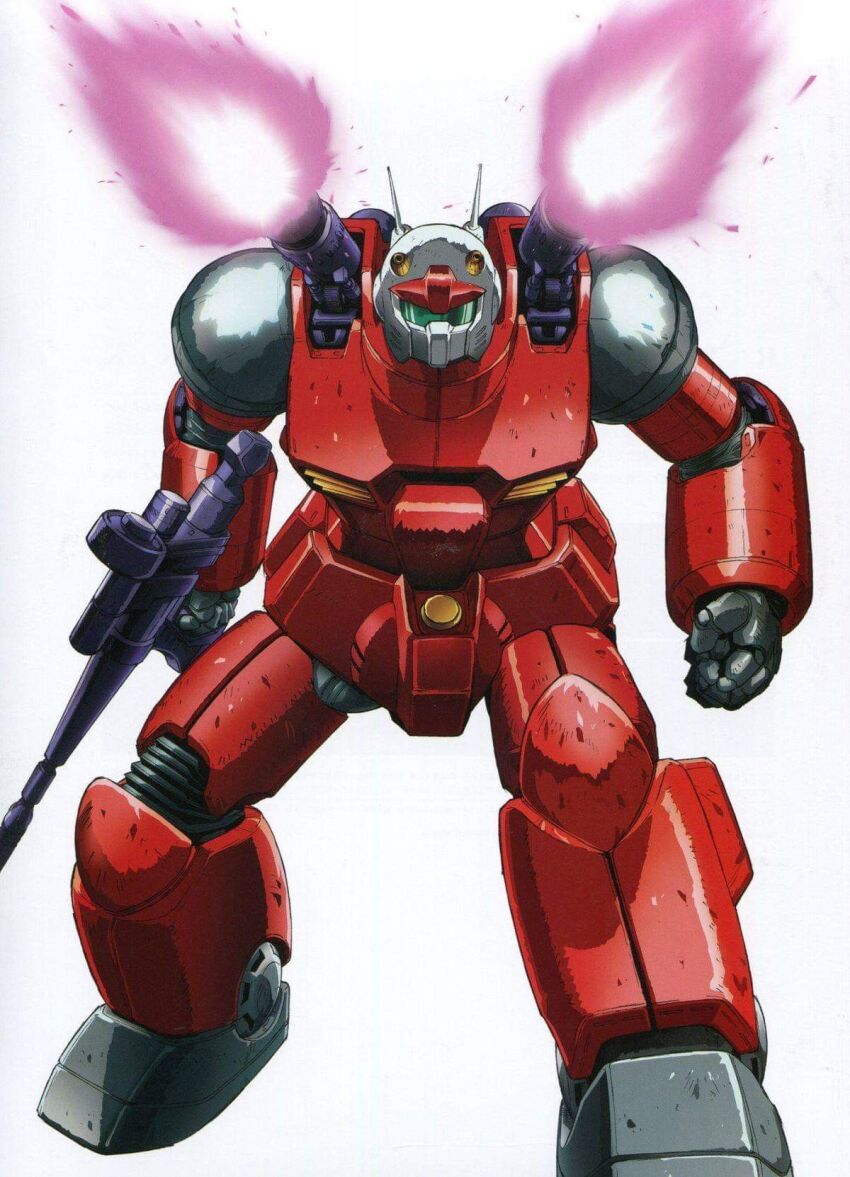 1990s_(style) beam_cannon beam_rifle damaged debris dirty energy energy_beam energy_gun firing green_visor guncannon gundam highres katoki_hajime machinery mecha mecha_focus mobile_suit mobile_suit_gundam no_humans official_art promotional_art radio_antenna retro_artstyle robot scan science_fiction traditional_media weapon white_background