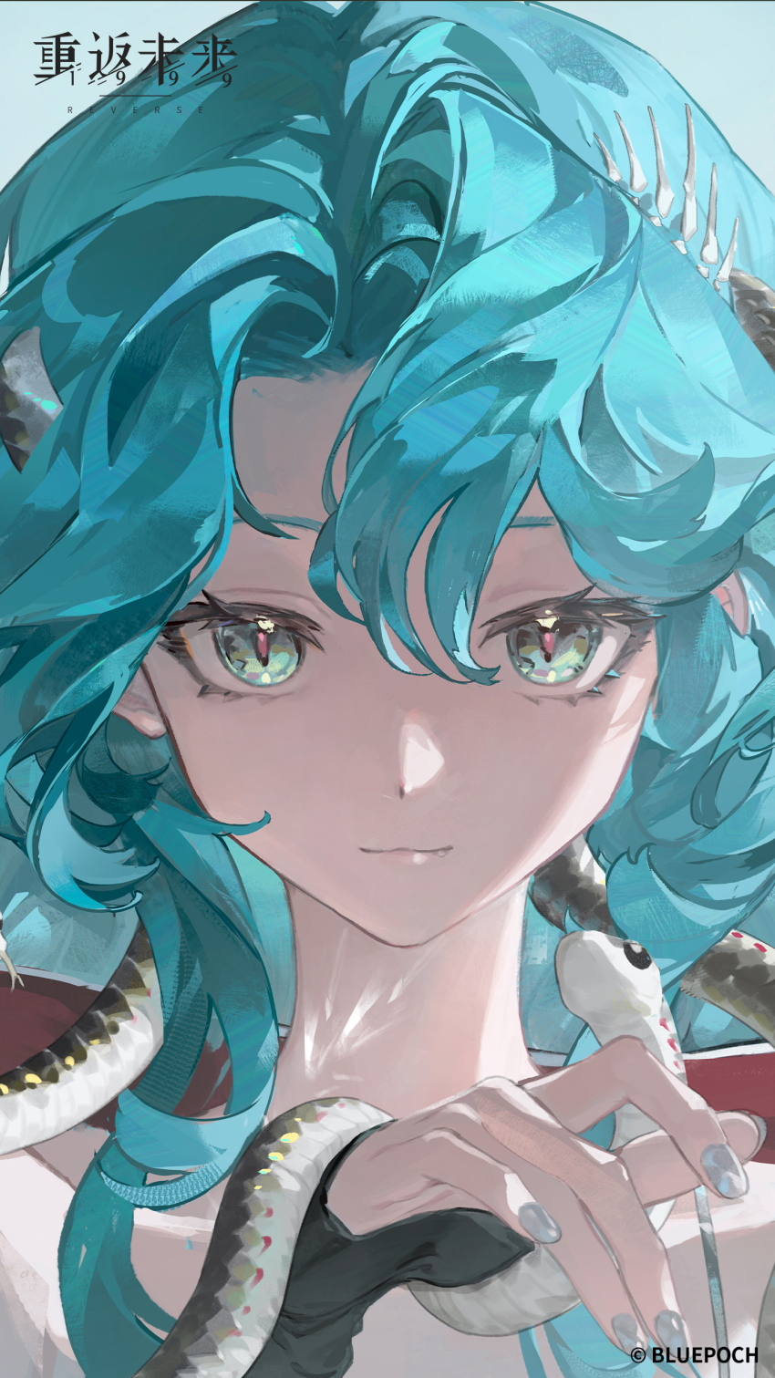 1girl absurdres aqua_eyes blue_hair copyright_name copyright_notice grey_nails hand_up highres hissabeth logo long_hair looking_at_viewer official_art official_wallpaper portrait reverse:1999 slit_pupils smile snake snake_on_head solo