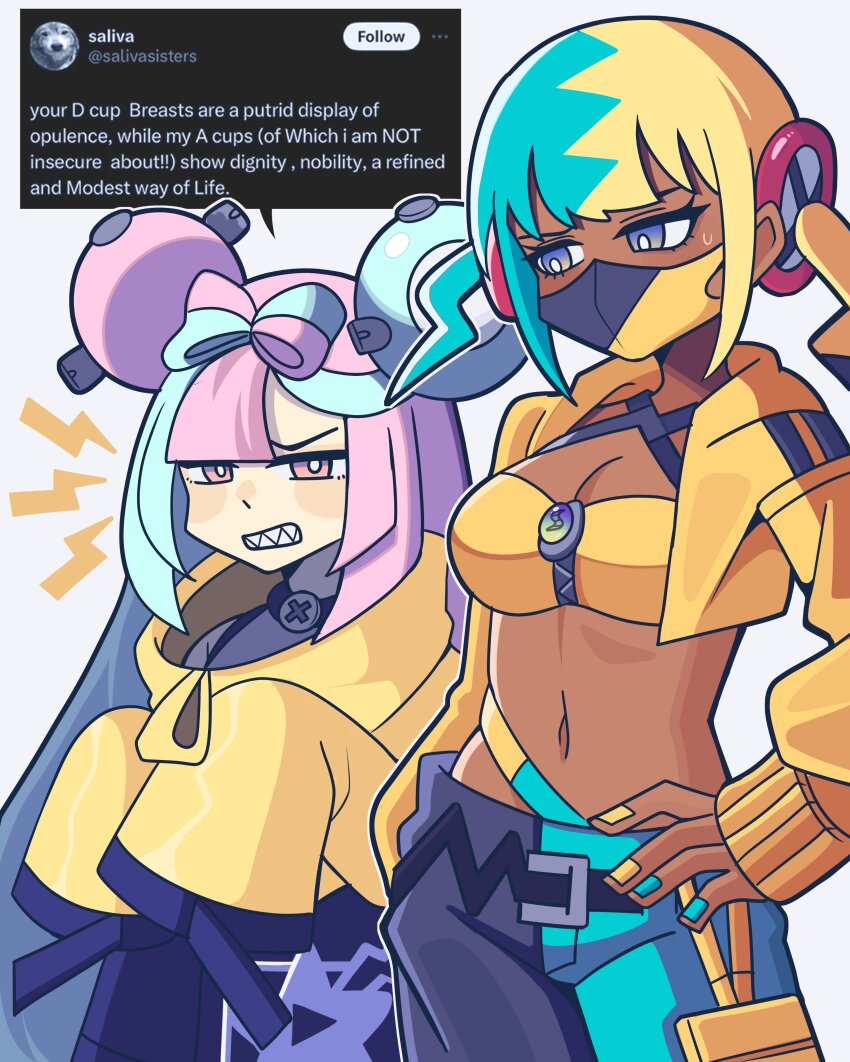 2girls absurdres bandeau black_mask blonde_hair blue_eyes blue_hair blue_nails bobamiruku breasts bright_pupils canari_(pokemon) center-flap_bangs cleavage criss-cross_halter english_text fake_hair_bun grey_eyes halterneck highres iono_(pokemon) jacket large_breasts long_hair long_sleeves looking_at_another mask mouth_mask multicolored_hair multiple_girls navel nintendo pants pink_eyes pink_hair pokemon pokemon_legends:_z-a pokemon_sv screenshot_inset sharp_teeth short_hair short_twintails sleeves_past_fingers sleeves_past_wrists speech_bubble split-color_hair sweatdrop teeth twintails twitter two-tone_mask white_pupils yellow_bandeau yellow_jacket yellow_mask yellow_nails