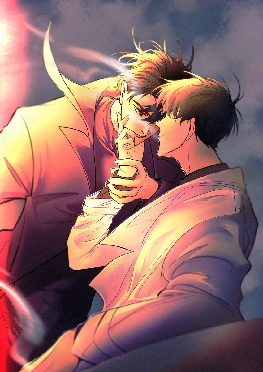 2boys black_coat black_hair cloud cloudy_sky coat elbow_rest grabbing_another&#039;s_chin hair_flowing_over hair_over_one_eye hand_on_another&#039;s_chin hand_on_another&#039;s_wrist hand_up highres imminent_kiss implied_yaoi kim_dokja multiple_boys omniscient_reader&#039;s_viewpoint popped_collar raya_(000_unseen) short_hair sky smoke warm_colored white_coat yellow_eyes yoo_joonghyuk