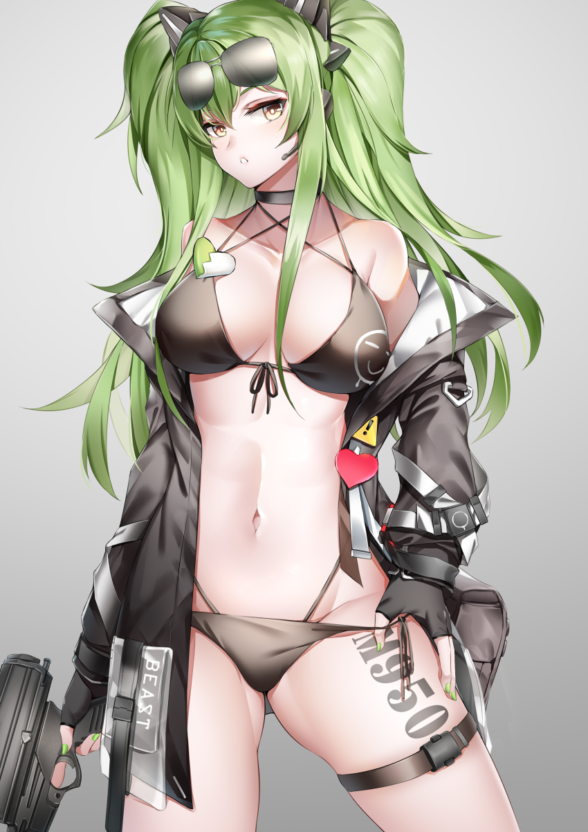 ! 1girl absurdres bikini bikini_under_clothes black_bikini blush breasts breasts_apart calico_light_weapons_systems calico_m950 calico_m950a cheek_pistol contrapposto double-stack_magazine eyewear_on_head fingerless_gloves front-tie_bikini_top front-tie_top girls&#039;_frontline gloves green_eyes green_hair grey_background gun hair_between_eyes hand_on_own_hip handgun helical_magazine high-capacity_magazine highres long_hair lubikaya m950a_(girls&#039;_frontline) machine_pistol medium_breasts navel pistol side-tie_bikini_bottom solo submachine_gun swimsuit swimsuit_under_clothes thigh_strap thighs twintails weapon
