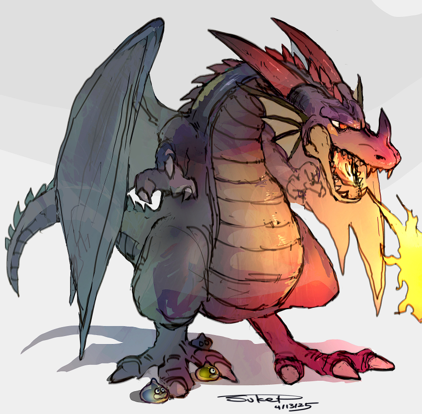 1boy 2others absurdres breath_weapon breathing_fire claws colored_skin commentary_request dated dragon dragon_lord dragon_quest dragon_quest_i dragon_quest_monsters fins fire full_body glowing head_fins highres horns monster monster_focus multiple_others no_humans nose_horn open_mouth purple_skin red_eyes red_horns sharp_teeth signature slime_(dragon_quest) sukepmonster tail teeth tongue white_background wings