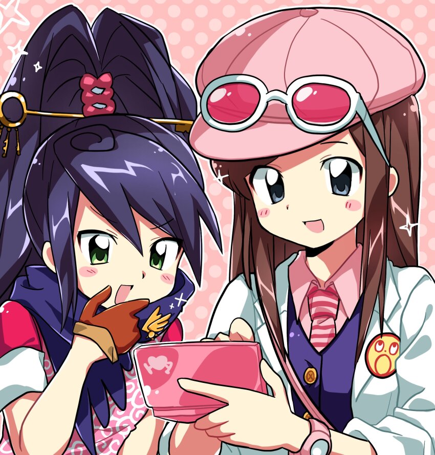 2girls :d ace_attorney ace_attorney_investigations black_hair blush_stickers brown_hair coat ema_skye eyewear_on_headwear gloves green_eyes hair_between_eyes hat high_ponytail highres kay_faraday key_hair_ornament lab_coat long_hair looking_down multiple_girls open_clothes open_coat open_mouth pink_hat ponytail samema00 smile sunglasses white_coat