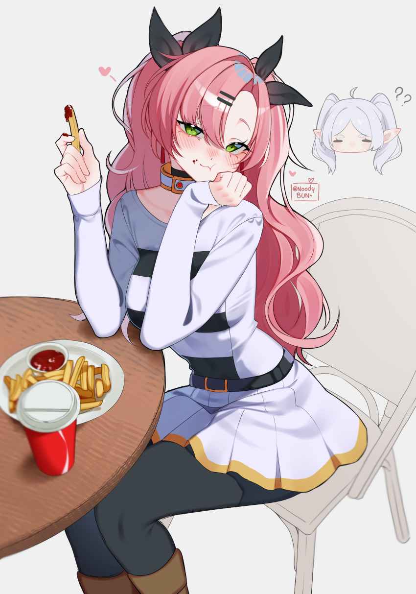 2girls absurdres ahoge black_pantyhose black_ribbon boots breasts brown_boots chair cosplay cup disposable_cup eating elf food french_fries frieren frieren_(cosplay) green_eyes hair_ornament hair_ribbon hairclip head_only highres holding holding_food large_breasts long_hair multiple_girls nicole_demara noodychaan on_chair pantyhose pink_hair pointy_ears ribbon shirt simple_background sitting skirt soda sousou_no_frieren table twintails twitter_username white_background white_shirt white_skirt zenless_zone_zero