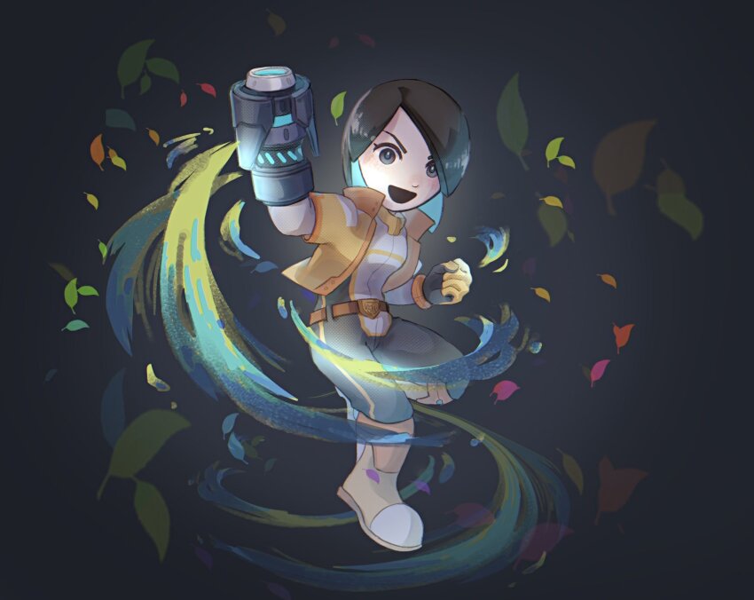 1girl :d arm_cannon belt black_background black_hair blue_eyes blue_pants boots breasts brown_belt brown_eyes brown_jacket clenched_hand clenched_hands fingerless_gloves full_body gloves highres holding jacket leaf long_hair looking_at_viewer mii_(nintendo) mii_gunner_(smash_ultimate) nintendo nyo02921978 open_clothes open_jacket open_mouth orange_jacket pants shirt shoes short_hair short_sleeves smile solo super_smash_bros. weapon white_footwear white_shirt yellow_jacket