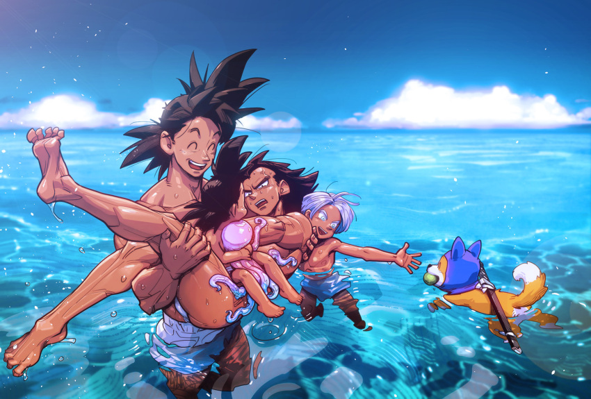 4boys ^_^ alternate_skin_color anger_vein bara blue_sky carrying closed_eyes couple dark-skinned_male dark_skin dog dragon_ball dragonball_z father_and_son full_body male_focus male_swimwear mask mouth_mask multiple_boys muscular muscular_male ninja_mask princess_carry receding_hairline saiyan short_hair shuu_(dragon_ball) sideburns sitting sitting_on_person sky smile son_goku son_goten spiked_hair supobi swim_trunks swimming swimsuit thick_eyebrows thighs topless_male trunks_(dragon_ball) vegeta wading water wet white_male_swimwear white_swim_trunks yaoi