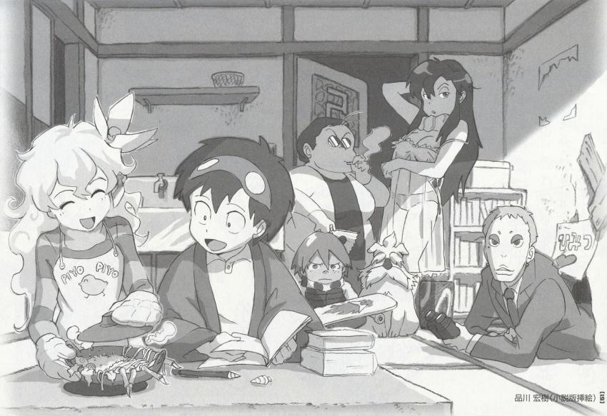 3boys 3girls boota_(ttgl) breasts cleavage crossover flower gimmy_adai goggles goggles_on_head greyscale hair_flower hair_ornament large_breasts leeron_littner maison_ikkoku medium_breasts monochrome multiple_boys multiple_girls nia_teppelin old_coco open_mouth parody shinagawa_hiroki shinagawa_hiroshi_(artist) simon_(ttgl) tengen_toppa_gurren_lagann yoko_littner