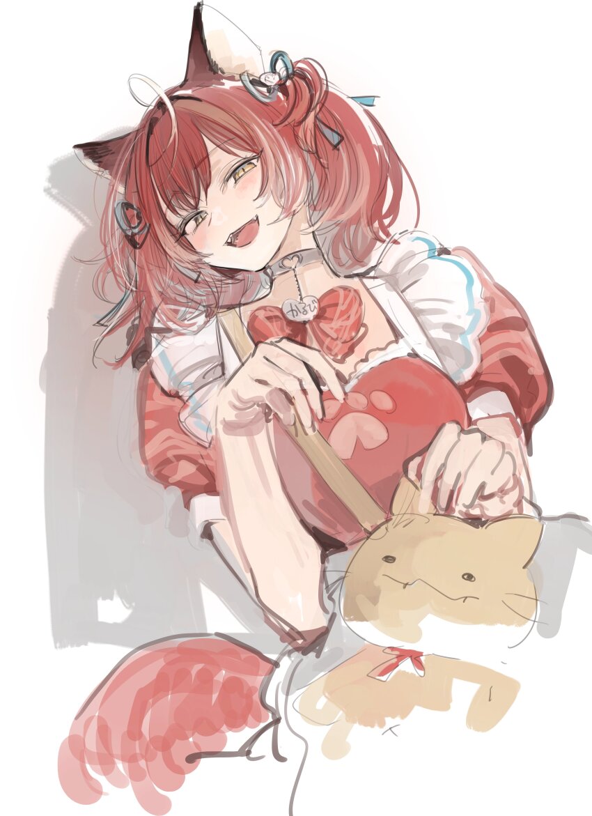 1girl :3 absurdres ahoge akami_karubi animal_ears apron blue_ribbon blush bow breasts cat_ears cat_girl cat_tail commentary_request cropped_legs dress fangs hair_ribbon half-closed_eyes highres ikuhana_niiro indie_virtual_youtuber large_breasts looking_at_viewer medium_hair open_mouth pendant_choker puffy_short_sleeves puffy_sleeves red_bow red_dress red_hair ribbon shadow short_sleeves simple_background slit_pupils smile solo stuffed_animal stuffed_cat stuffed_toy tail twintails virtual_youtuber waist_apron white_background yellow_eyes
