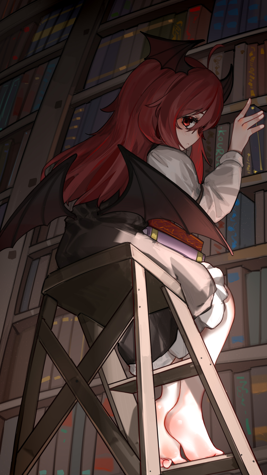 1girl :o absurdres ahoge armband artist_name barefoot bat_wings black_armband black_dress black_wings blush book book_stack bookshelf commentary_request dress frilled_dress frills full_body hair_between_eyes head_wings highres koakuma kourou_(kouroukun) ladder looking_at_viewer looking_back looking_down low_wings pinafore_dress red_eyes red_hair shirt shirt_under_dress sitting sleeveless sleeveless_dress solo touhou white_shirt wings