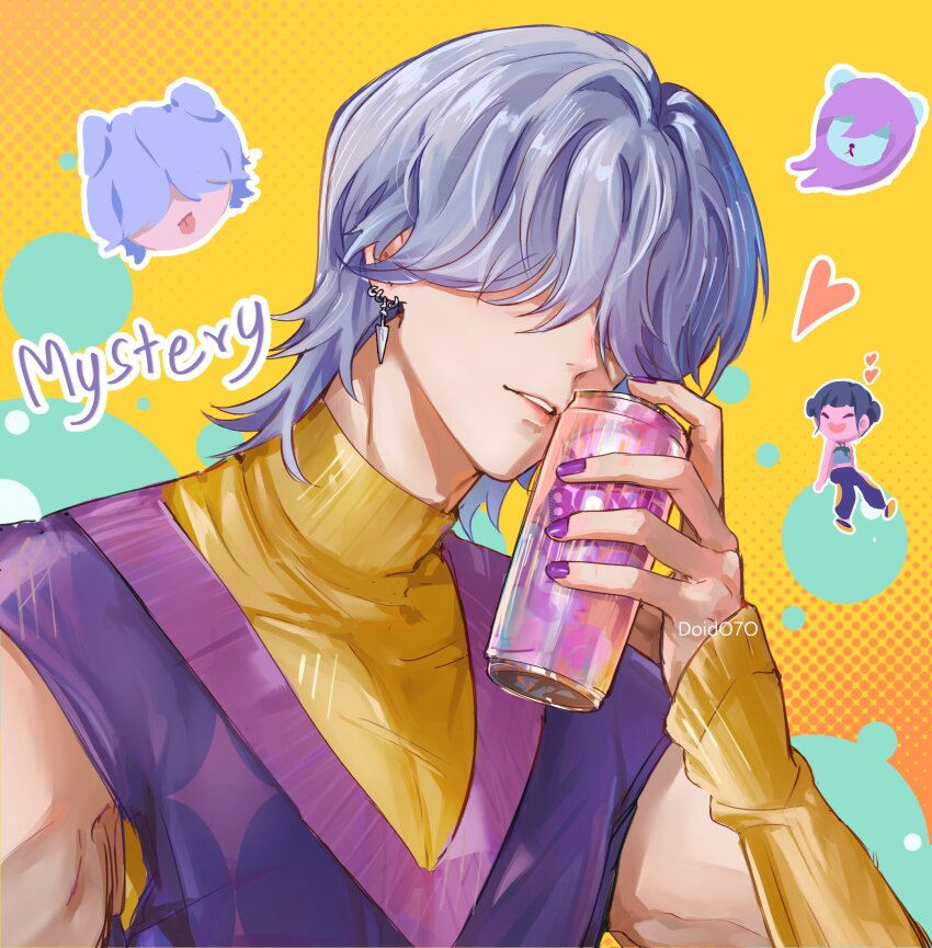 1boy 1girl blush can chibi detached_sleeves doido7o drink_can hair_over_eyes heart hetero highres holding holding_can kpop_demon_hunters light_smile lips male_focus medium_hair mystery_(kpop_demon_hunter) nose_blush parted_lips purple_hair purple_nails purple_sweater_vest sleeveless sleeveless_sweater soda_can sweater sweater_vest teeth upper_body yellow_sweater zoey_(kpop_demon_hunters)