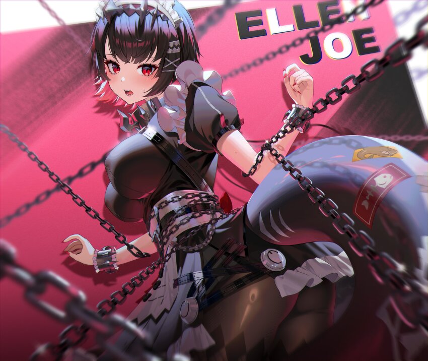 1girl absurdres arm_belt ass ayoni_623 belt black_belt black_dress black_hair black_pantyhose blurry blurry_foreground blush breasts chain character_name collar colored_inner_hair cowboy_shot dress ellen_joe fingernails fins fish_tail frilled_dress frills hair_ornament hairband hairclip highres impossible_clothes impossible_dress large_breasts long_fingernails looking_at_viewer maid maid_headdress metal_collar metal_hairband mole mole_on_arm mole_under_eye multicolored_hair multiple_moles nail_polish open_mouth pantyhose puffy_short_sleeves puffy_sleeves red_eyes red_hair red_nails restrained shark_girl shark_tail sharp_teeth short_hair short_sleeves solo standing sweat tail teeth tongue two-tone_hair underbutt x_hair_ornament zenless_zone_zero