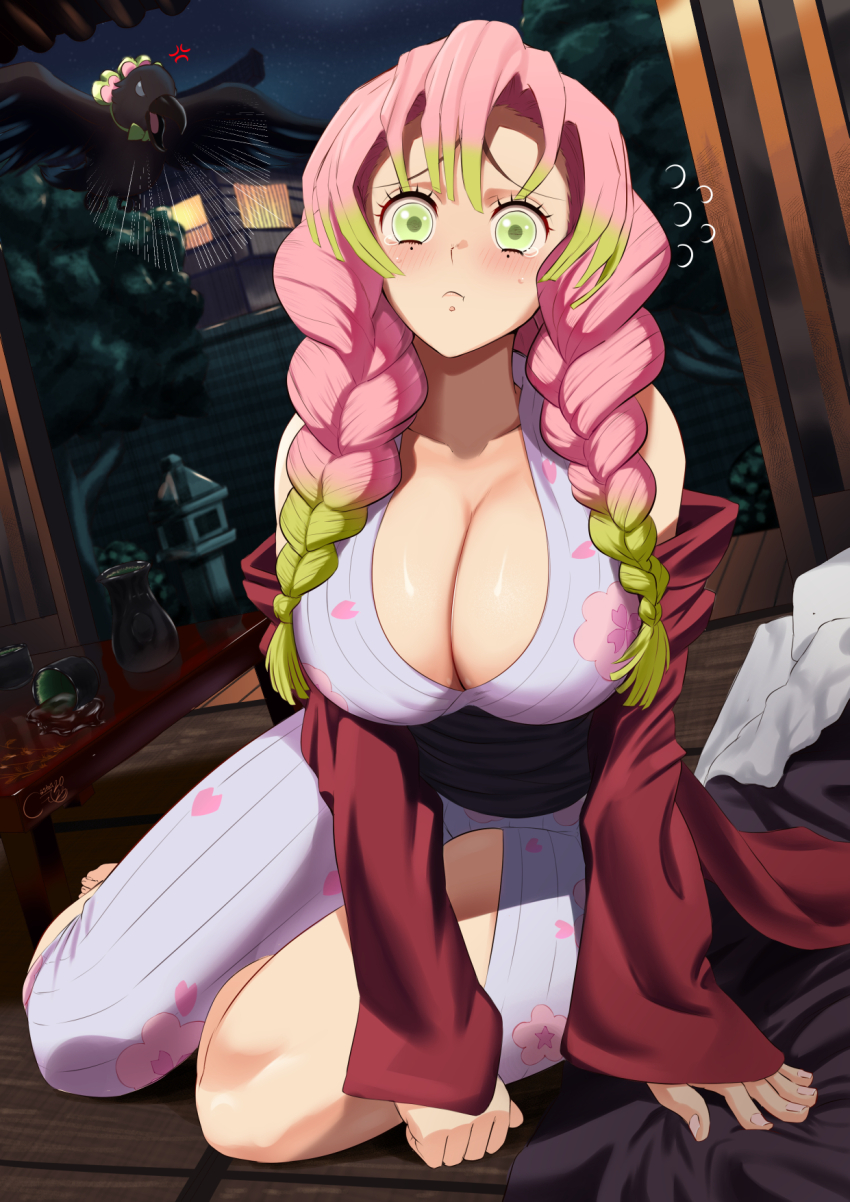 1girl :t anger_vein bird blush bottle braid breasts castell cleavage closed_mouth crow cup floral_print gradient_hair green_eyes green_hair heart heart_print highres japanese_clothes kanroji_mitsuri kimetsu_no_yaiba kimono large_breasts long_hair looking_at_viewer mole mole_under_each_eye mole_under_eye multicolored_hair multiple_moles pink_hair pout raised_eyebrows sitting solo spill table tearing_up tears thighs twin_braids two-tone_hair urara_(kimetsu_no_yaiba) yokozuwari