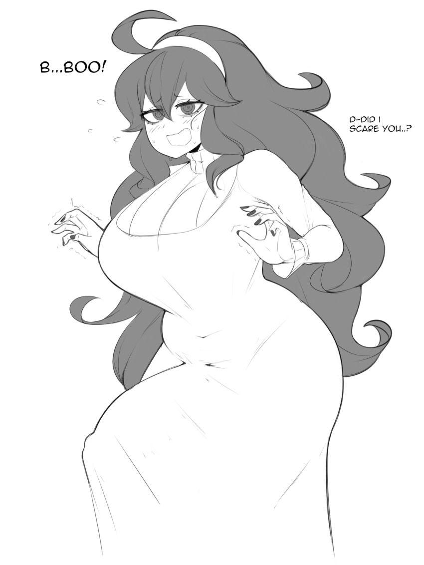 1futa arms_up bags_under_eyes big_hair breasts bulge dress erection erection_under_clothes futanari hairband hex_maniac_(pokemon) highres large_breasts large_penis long_dress long_hair monochrome nail_polish nervous nintendo penis pokemon pokemon_xy sealguy solo twitching