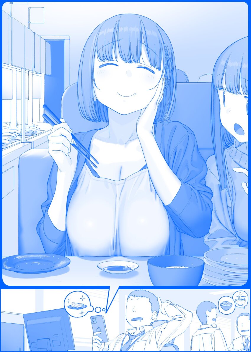 2girls 3boys ai-chan&#039;s_sister_(tawawa) ai-chan_(tawawa) blue_theme booth_seating braid breasts cellphone chopsticks cleavage closed_eyes conveyor_belt_sushi drooling faceless faceless_male food getsuyoubi_no_tawawa highres himura_kiseki large_breasts mamezara monitor multiple_boys multiple_girls necktie onii-san_(tawawa) open_mouth phone plate plate_stack short_hair smartphone smile sushi