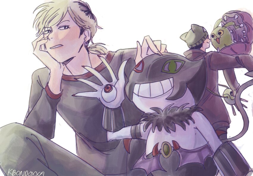 brother_and_sister digimon digimon_(creature) dracumon hat highres looking_at_another mask shakomon shinonome_kaito shinonome_miu siblings smile