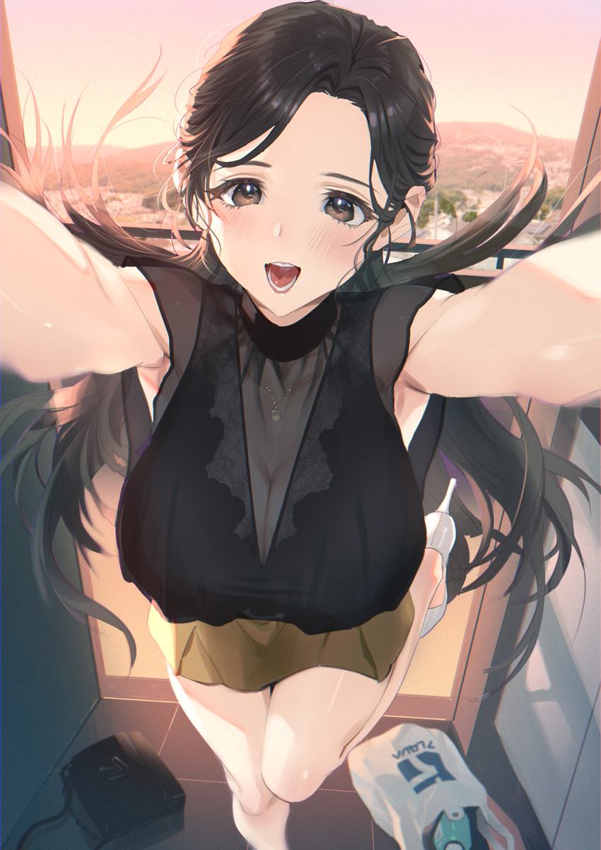 1girl :d armpits bag black_shirt blush breasts brown_eyes brown_hair brown_skirt cleavage commentary_request doorway handbag high_heels highres hug jewelry large_breasts long_hair looking_at_viewer mhk_(mechamania) miniskirt necklace open_mouth original outdoors outstretched_arms pov pov_hug reaching reaching_towards_viewer scenery see-through_clothes shirt shopping_bag skirt sky smile swept_bangs thighs tile_floor tiles white_footwear