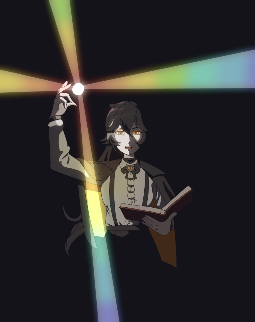 1girl absurdres black_background black_bow black_bowtie black_hair book bow bowtie breasts casting_spell darkness fridge_(fridgedraws) frills grimmi_(vtuber) hashtag-only_commentary highres holding holding_book illumination indie_virtual_youtuber jacket jacket_on_shoulders knees_up long_hair long_sleeves looking_at_viewer magic occult open_book pale_skin rainbow_gradient shirt sidelocks small_breasts solo straight-on very_long_hair virtual_youtuber white_shirt yellow_eyes