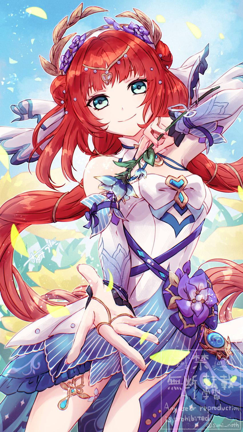 1girl absurdres aqua_eyes bare_shoulders blue_flower blue_sleeves circlet closed_mouth commentary_request detached_sleeves double_bun dress fingernails flower genshin_impact gradient_sleeves hair_bun hair_flower hair_ornament highres holding holding_flower hydro_symbol_(genshin_impact) long_hair looking_at_viewer nilou_(breeze_of_sabaa)_(genshin_impact) nilou_(genshin_impact) official_alternate_costume outdoors purple_flower red_hair sleeveless sleeveless_dress smile solo sumi_noth very_long_hair vision_(genshin_impact) white_dress white_sleeves