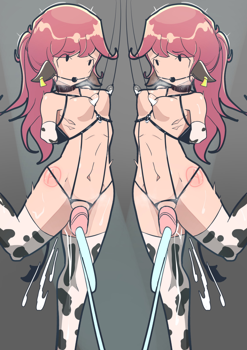 2girls absurdres animal_ears animeretrograde bdsm bondage bound cow_ears cow_girl cum highres human_cattle milking milking_machine multiple_girls ponytail sex_toy siblings sisters slave sweat twins vibrator