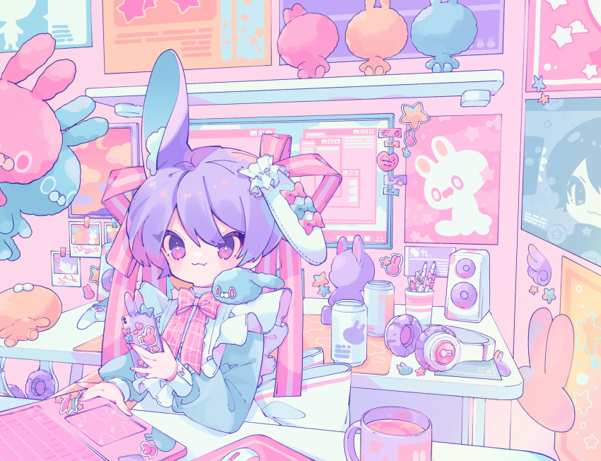 1boy :3 animal_ear_fluff animal_ears apron blue_bow blue_shirt bow can cellphone closed_mouth commentary dated_commentary double-parted_bangs drink_can fang hair_between_eyes hair_ribbon headphones highres holding holding_phone indoors long_sleeves maid_apron male_focus monitor original ozureiji phone pink_bow pink_eyes pink_ribbon purple_hair rabbit_ears ribbon shirt short_hair skin_fang smartphone smile solo speaker star_(symbol) star_sticker symbol-only_commentary trap white_apron white_bow yume_kawaii