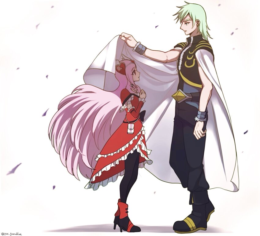 1boy 1girl bare_arms belt boots buttons couple covering_head cure_passion diamond-shaped_brooch diamond_button dress earrings eas_(fresh_precure!) floating_hair fresh_precure! frilled_dress frilled_skirt frilled_sleeves frills gloves green_hair hair_ornament hands_on_another&#039;s_head heart heart_hair_ornament higashi_setsuna high_heels highres jewelry leggings long_hair looking_at_another looking_to_the_side medium_hair muscular muscular_male open_clothes pale_skin pants pink_hair pre_greenblue precure ribbon simple_background skirt very_long_hair wester_(fresh_precure!) wind wing_hair_ornament wristband