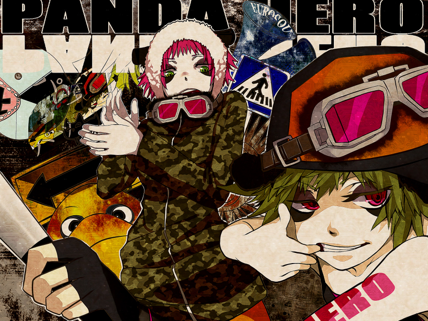 baseball_bat goggles goggles_around_neck goggles_on_head green_eyes green_hair gumi hat highres panda_hero_(vocaloid) pink_hair rubber_duck vocaloid