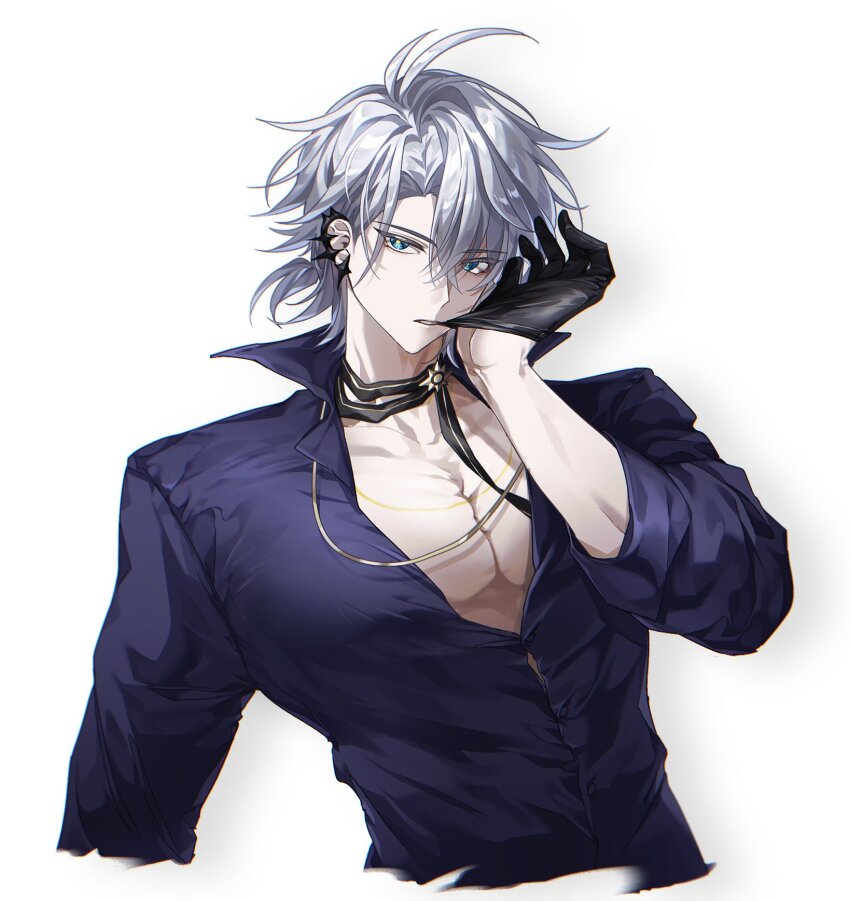 1boy antenna_hair biting biting_glove black_shirt blue_eyes collared_shirt earclip gloves grey_hair half-closed_eyes half_gloves hand_up highres honkai:_star_rail honkai_(series) looking_at_viewer male_focus official_alternate_costume open_clothes open_shirt parted_bangs pectoral_cleavage pectorals pero_(jang_h) phainon_(fashion)_(honkai:_star_rail) phainon_(honkai:_star_rail) shirt simple_background solo teeth upper_body white_background yellow_pupils