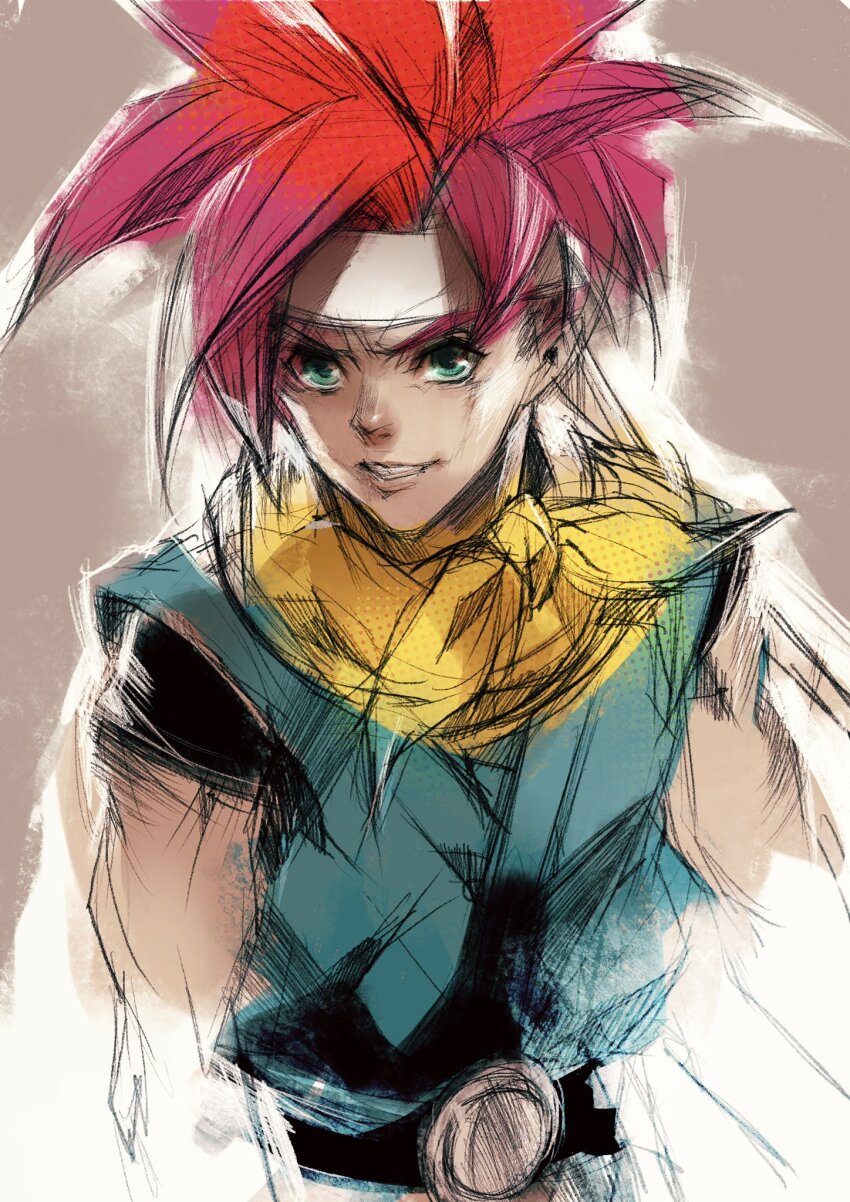 1boy belt blue_tunic brown_background chrono_trigger crono_(chrono_trigger) green_eyes grin hatching_(texture) headband highres kannoaki looking_at_viewer male_focus neckerchief red_hair sketch smile solo spiked_hair tunic upper_body white_headband yellow_neckerchief