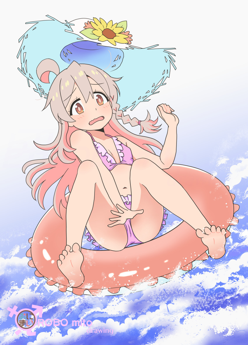 1girl absurdres ahoge bare_arms bare_legs bare_shoulders barefoot bikini braid breasts brown_eyes commentary_request feet flower frilled_bikini frills full_body grey_hair hair_between_eyes hat hat_flower highres innertube multicolored_hair onii-chan_wa_oshimai! open_mouth oyama_mahiro pink_bikini pink_hair robomito side_braid single_braid small_breasts soles solo straw_hat sun_hat swim_ring swimsuit toes two-tone_hair water