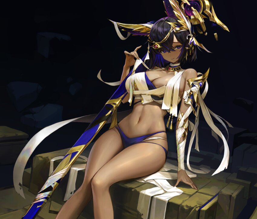 1girl ancient_egyptian ancient_egyptian_clothes animal_ears arm_support bandaged_arm bandages bare_shoulders bikini black_background black_hair blue_bikini blue_eyes blue_hair breasts cleavage closed_mouth dark-skinned_female dark_skin feet_out_of_frame gonduming hair_between_eyes hair_ornament highres jewelry large_breasts looking_at_viewer multicolored_hair navel original purple_eyes revealing_clothes short_hair sitting smile solo stomach swimsuit thighs weapon