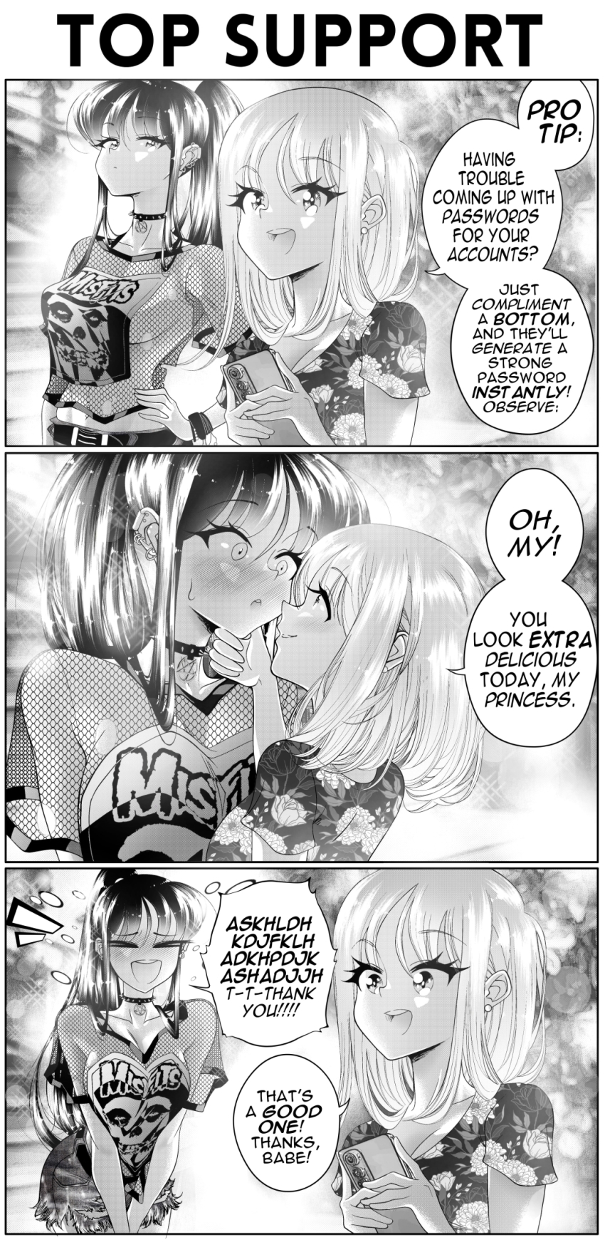 &gt;_&lt; 2girls 3koma assertive_female band_shirt blush breasts collar comic commentary couple cutoffs embarrassed english_commentary english_text eyelashes fishnet_top fishnets floral_print full-face_blush grs- hand_on_own_hip height_difference highres holding holding_phone large_breasts long_hair medium_breasts medium_hair merchandise misfits monochrome multiple_girls no_bra original pentagram_pendant phone ponytail right-to-left_comic sharon_(grs-) shorts sideboob studded_collar talia_(grs-) v_arms yuri