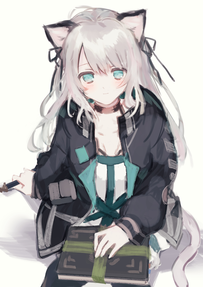 1girl absurdres animal_ears arknights bad_id bad_pixiv_id black_cat black_jacket blue_eyes book book_on_lap cat cat_ears cat_girl cat_tail closed_mouth collarbone commentary feet_out_of_frame highres holding holding_wand jacket light_smile long_hair long_sleeves looking_at_viewer matsuzaka_(matsuzakagyu_29) mint_(arknights) shirt silver_hair simple_background sitting solo tail wand white_background white_shirt