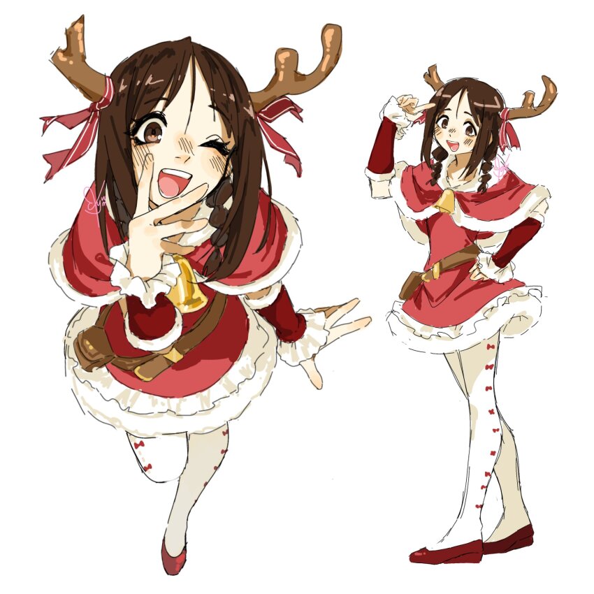 1girl ;d antler_ribbon antlers azumanga_daiou braid brown_eyes brown_hair capelet dress fake_antlers fur-trimmed_capelet fur_trim highres horns kasuga_ayumu kyuunn multiple_views one_eye_closed open_mouth pantyhose red_capelet red_dress reindeer_antlers santa_costume santa_dress simple_background smile twin_braids white_background white_pantyhose