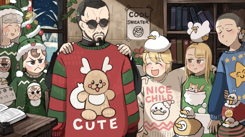 1boy 5girls :&lt; :d ^_^ animal animal_in_clothes beard bird black_hair blonde_hair blue_sweater bookshelf brown_eyes brown_hair brown_sweater cat character_print chicken christmas_ornaments christmas_tree closed_eyes clumsy_nun_(diva) commentary crying diary diva_(hyxpk) duck duckling embarrassed english_commentary facial_hair father_(diva) flower frog_hat froggy_nun_(diva) garland_(decoration) green_hat green_sweater grey_hair hanging_plant hat highres in_pocket inkwell kitten little_nuns_(diva) multiple_girls nose_bubble nun open_mouth poinsettia ponytail poster_(object) priest red_sweater reindeer sheep_nun_(diva) sign sign_around_neck slice_of_life smile snow spicy_nun_(diva) star_(symbol) star_nun_(diva) sunglasses sweatdrop sweater table traditional_nun window yellow_eyes