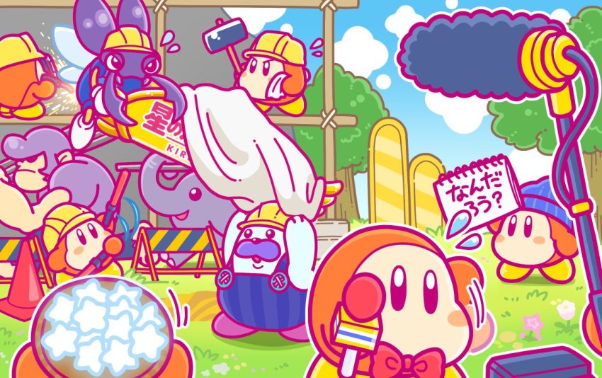 3boys basket baton beanie blue_hat blue_sky blush_stickers bonkers boom_microphone bow bowtie bugzzy carrying cloud commentary_request construction_site construction_worker flying_sweatdrops grass hard_hat hat helmet kirby_(series) male_focus microphone monkey mr._frosty multiple_boys nintendo notepad official_art overalls phan_phan purple_hair red_neckwear seal_(animal) sky traffic_cone tree waddle_dee waving_arms