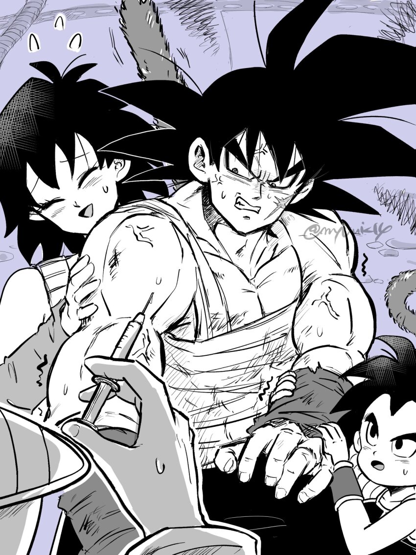 1girl 2boys bardock black_hair blush breasts closed_eyes dragon_ball dragon_ball_minus gine highres ireba_sui long_hair monkey_tail multiple_boys raditz saiyan_armor scar scar_on_face simple_background smile spiked_hair tail twitter_username